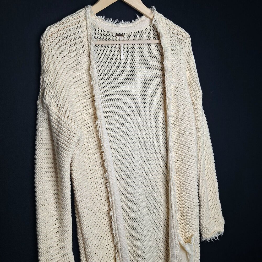 💙 Free People Woodstock Long Line Knit Cotton Cardigan Size S/M Warm Cozy Boho - Picture 4 of 8